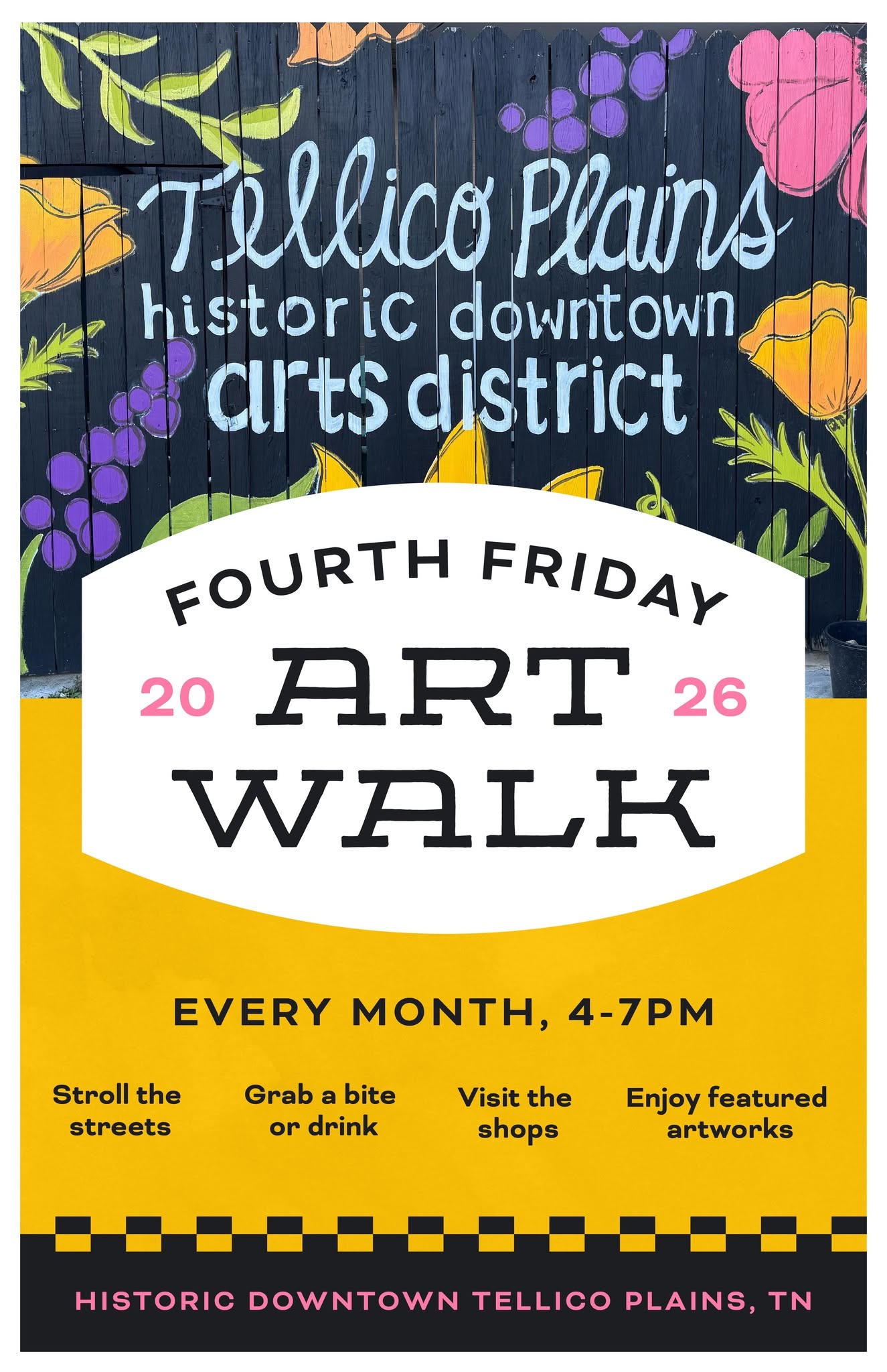 Poster for the Tellico Plains Historic Downtown Arts District Fourth Friday Art Walk, held monthly from 4-7 PM.