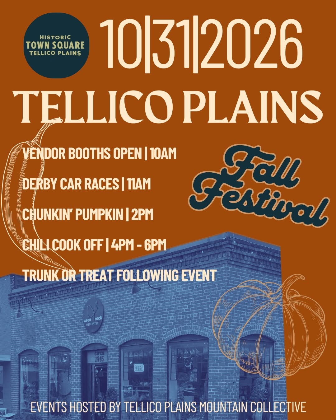Event flyer for the Tellico Plains Fall Festival on October 31, 2026, listing activities including vendor booths, derby car races, pumpkin chunkin, a chili cook-off, and trunk or treat.