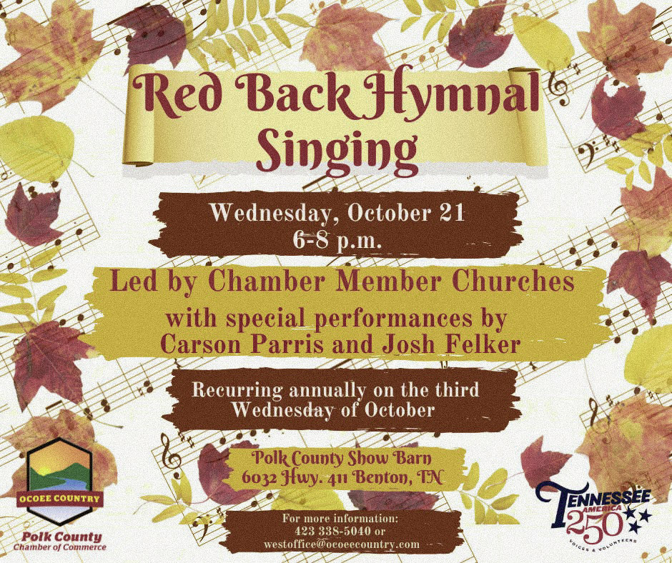 Flyer for Red Back Hymnal Singing on Wednesday, October 21 from 6–8 p.m. at the Polk County Show Barn in Benton, TN, featuring performances by Carson Parris and Josh Felker.