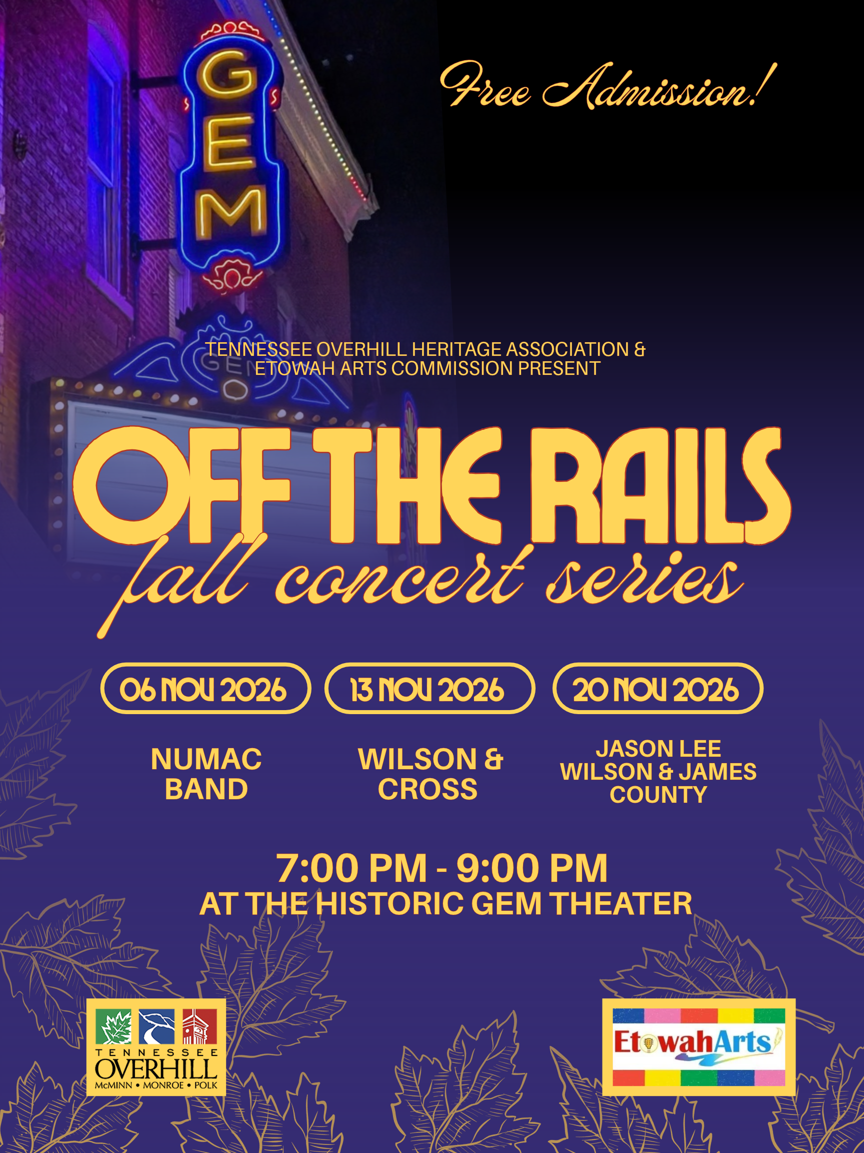 Off The Rails fall concert series flyer for the historic Gem Theater, featuring the NuMac Band on Nov 6, 13, and 20, 2026, presented by the Tennessee Overhill Heritage Association and Etowah Arts Commission.