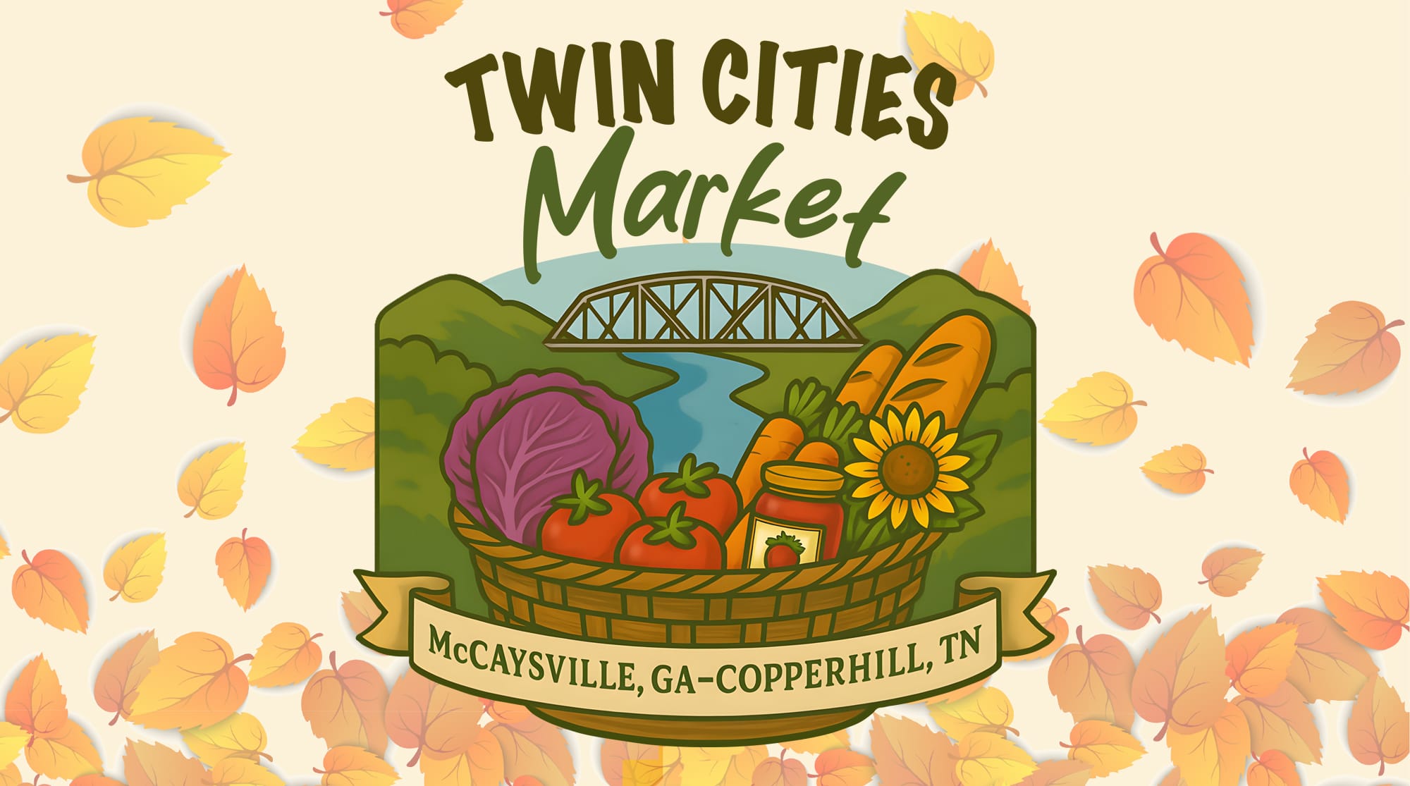 Logo for the Twin Cities fall market in McCaysville, GA-Copperhill, TN, featuring an illustration of a produce basket and a bridge against a background of autumn leaves.